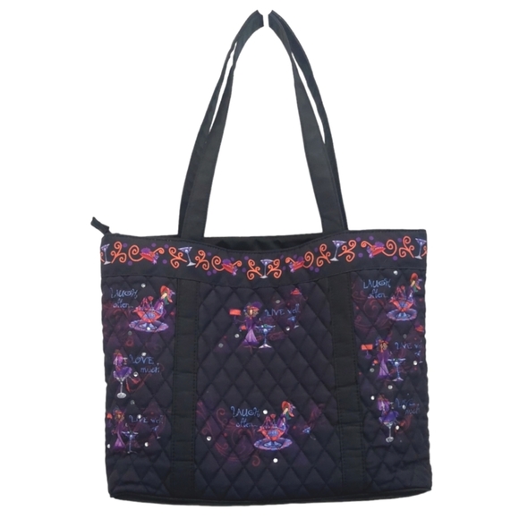 The Bradford Exchange Totes with Tude Quilted Black Purple Wine Glasses Tote Bag - Picture 2 of 16